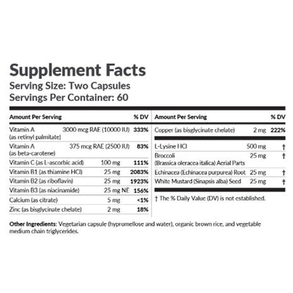 Supplement facts label with detailed nutritional information on a white background