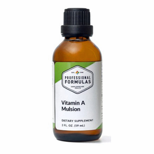Bottle of Vitamin A Mulsion dietary supplement with a white label on a white background