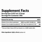 Supplement facts label with vitamin A and E content on a white background
