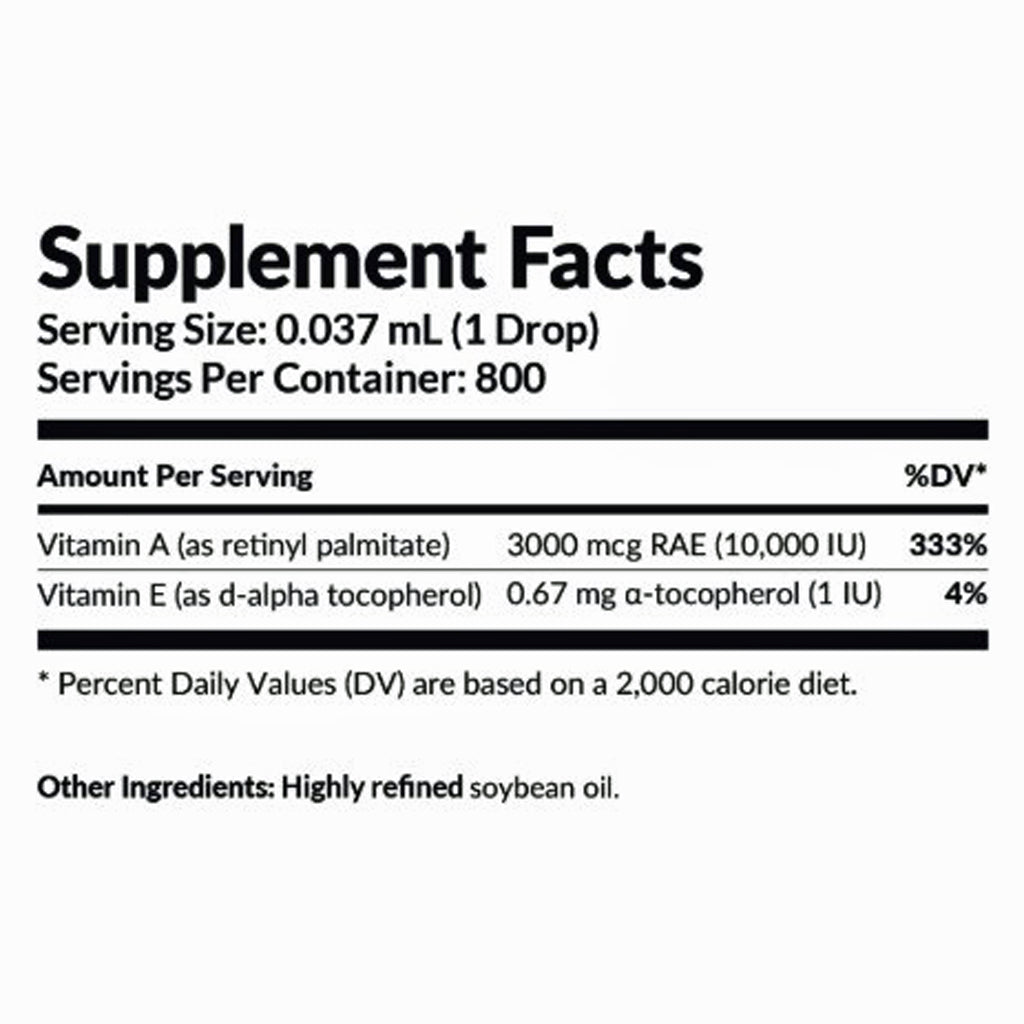 Supplement facts label with vitamin A and E content on a white background
