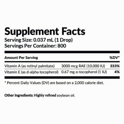 Supplement facts label with vitamin A and E content on a white background
