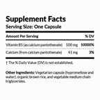 Supplement facts label for a product with Vitamin B5 and Calcium content.