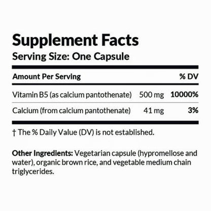 Supplement facts label for a product with Vitamin B5 and Calcium content.