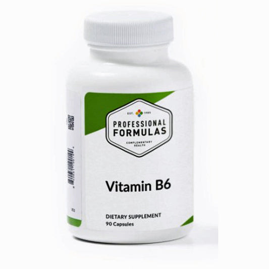 Supplement bottle labeled 'Vitamin B6' by 'Professional Formulas' on a white background