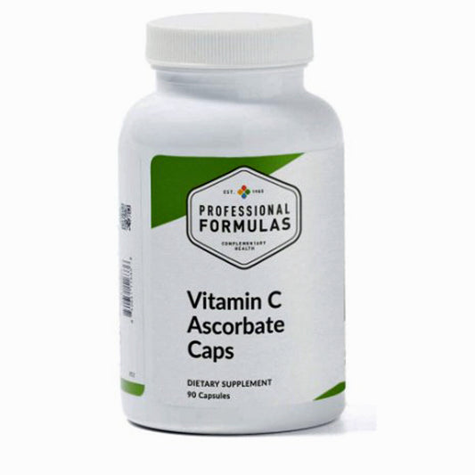 Bottle of Vitamin C Ascorbate Capsules with 'Professional Formulas' label on a white background