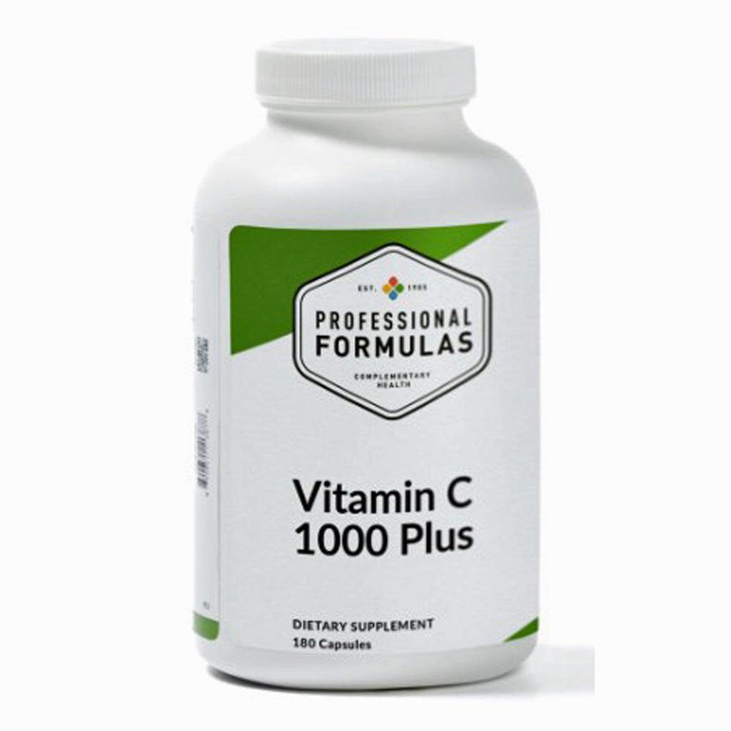 Supplement bottle labeled 'Professional Formulas Vitamin C 1000 Plus' on a white background