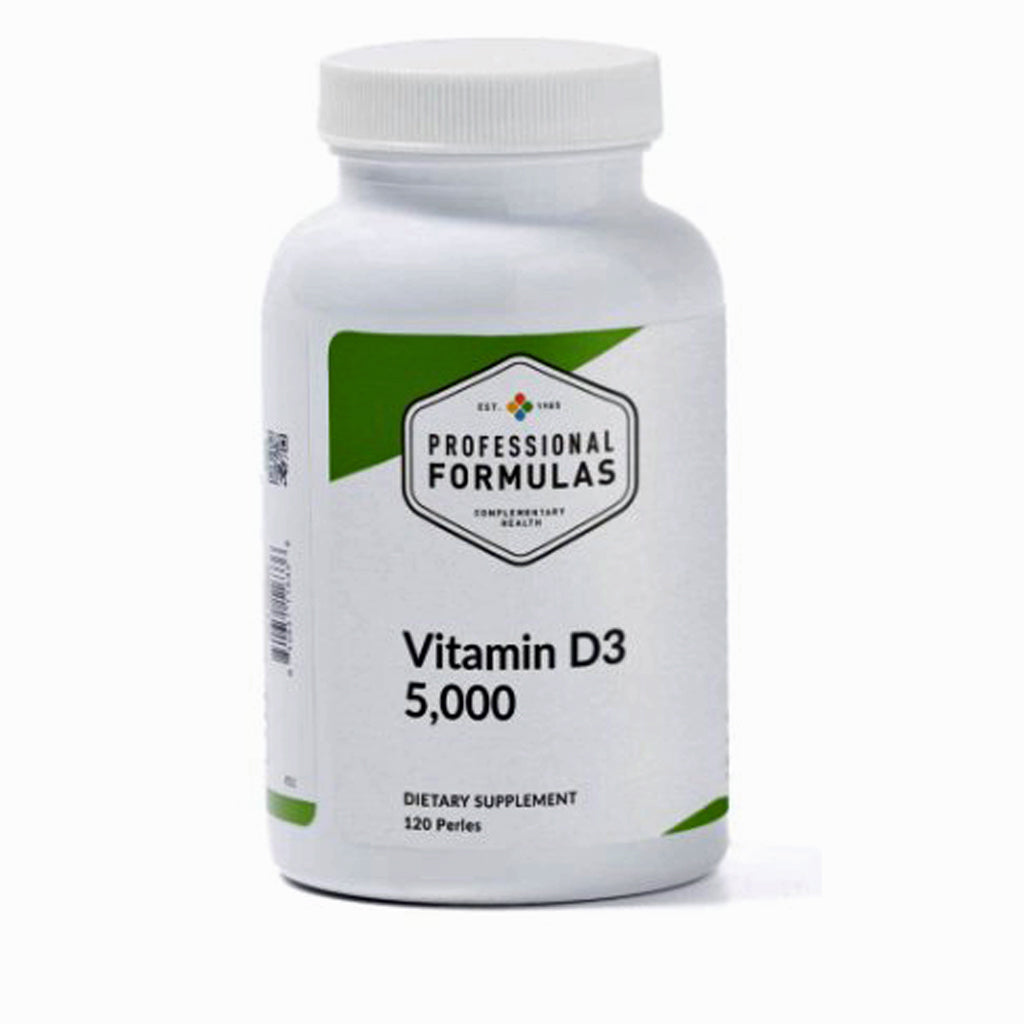 Supplement bottle labeled 'Professional Formulas Vitamin D3 5,000' on a white background
