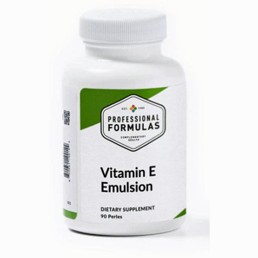 Supplement bottle labeled 'Vitamin E Emulsion' by Professional Formulas on a white background