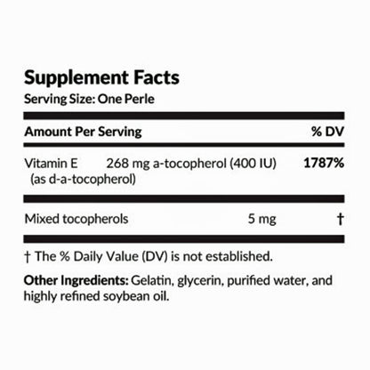 Supplement facts label with vitamin E content on a white background