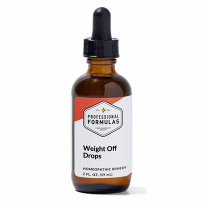 Bottle of 'Weight Off Drops' homeopathic remedy with a dropper on a white background