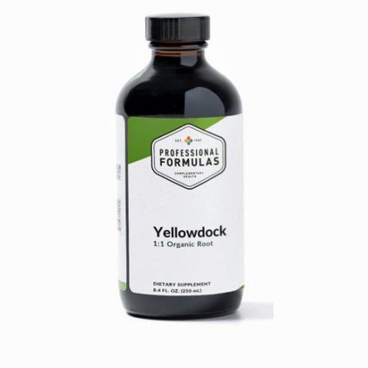 Bottle of Yellowdock dietary supplement with a white label on a white background