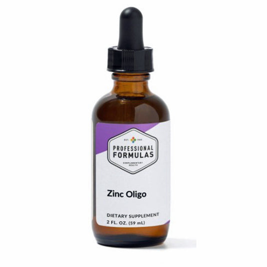 Brown glass bottle with dropper labeled 'Professional Formulas Zinc Oligo' on a white background