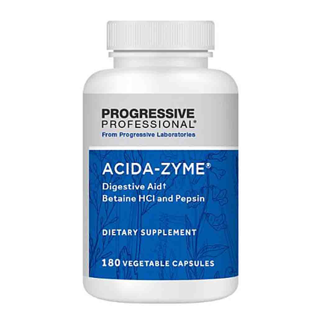 A white plastic bottle of Progressive Professional ACIDA-ZYME Digestive Aid dietary supplement with a blue and white label, on a plain white background.