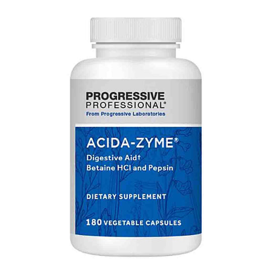 A white plastic bottle of Progressive Professional ACIDA-ZYME Digestive Aid dietary supplement with a blue and white label, on a plain white background.
