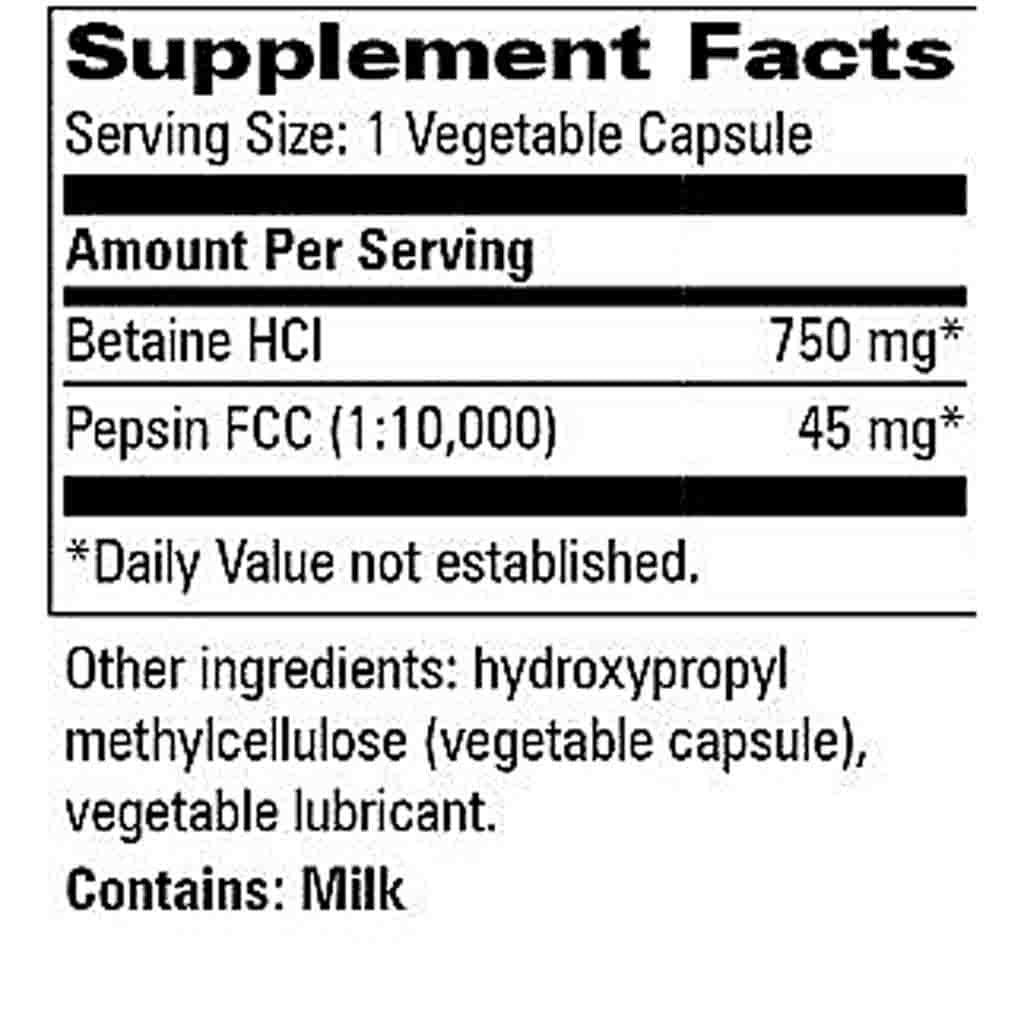 Supplement Facts label showing serving size 1 vegetable capsule with Betaine HCl 750 mg and Pepsin FCC 45 mg, plus a note that the product contains milk.