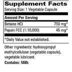 Supplement Facts label showing serving size 1 vegetable capsule with Betaine HCl 750 mg and Pepsin FCC 45 mg, plus a note that the product contains milk.