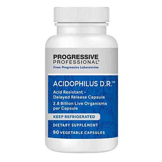 A white plastic bottle of Progressive Professional Acidophilus D.R.