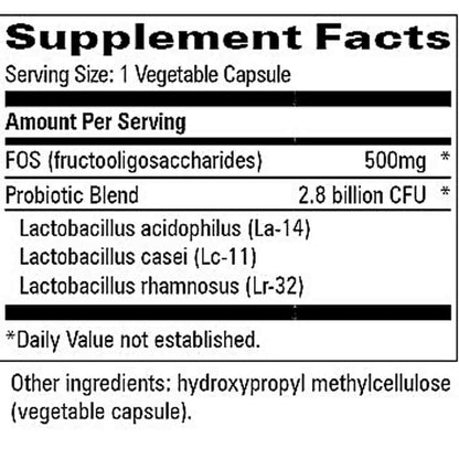 A close-up of a supplement facts label showing serving size as 1 vegetable capsule, with listed ingredients including FOS 500mg and a probiotic blend of 2.8 billion CFU, plus lactobacillus species names and a note that daily value is not established.