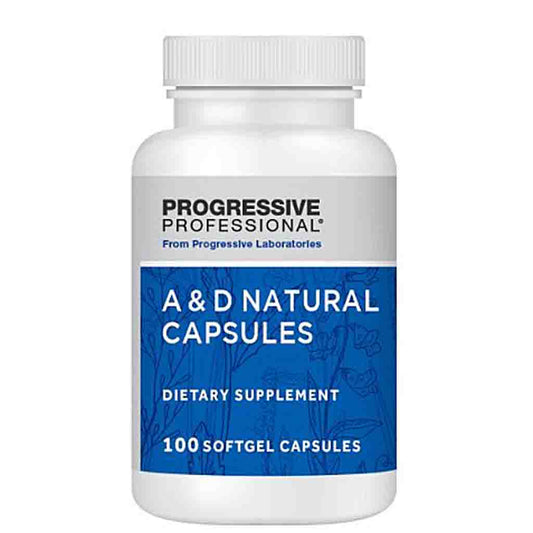 A white plastic bottle of Progressive Professional A & D Natural Capsules dietary supplement, featuring a blue and white label, on a solid white background.