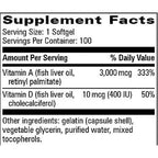 A close-up of a supplement facts label showing Vitamin A and Vitamin D amounts per serving and their daily value percentages, with other ingredients listed below.