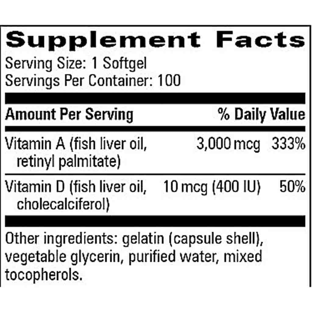 A close-up of a supplement facts label showing Vitamin A and Vitamin D amounts per serving and their daily value percentages, with other ingredients listed below.