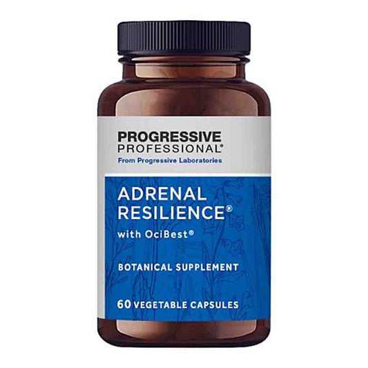 A brown amber bottle of Progressive Professional Adrenal Resilience botanical supplement with a blue and white label and a black cap, shown on a plain white background.