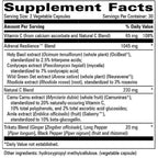 A close-up of a supplement facts label showing serving size 2 vegetable capsules, 30 servings per container, and a detailed list of ingredients including Vitamin C, Adrenal Resilience Blend, Natural C Blend, Trikatu Blend, Holy Basil extract, Cordyceps extract, Wild Green Oat extract, and Rhodiace extract.