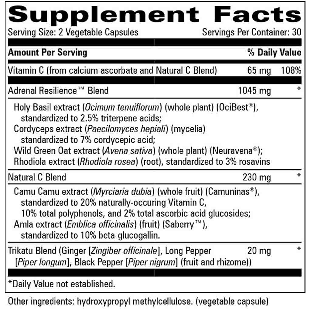 A close-up of a supplement facts label showing serving size 2 vegetable capsules, 30 servings per container, and a detailed list of ingredients including Vitamin C, Adrenal Resilience Blend, Natural C Blend, Trikatu Blend, Holy Basil extract, Cordyceps extract, Wild Green Oat extract, and Rhodiace extract.