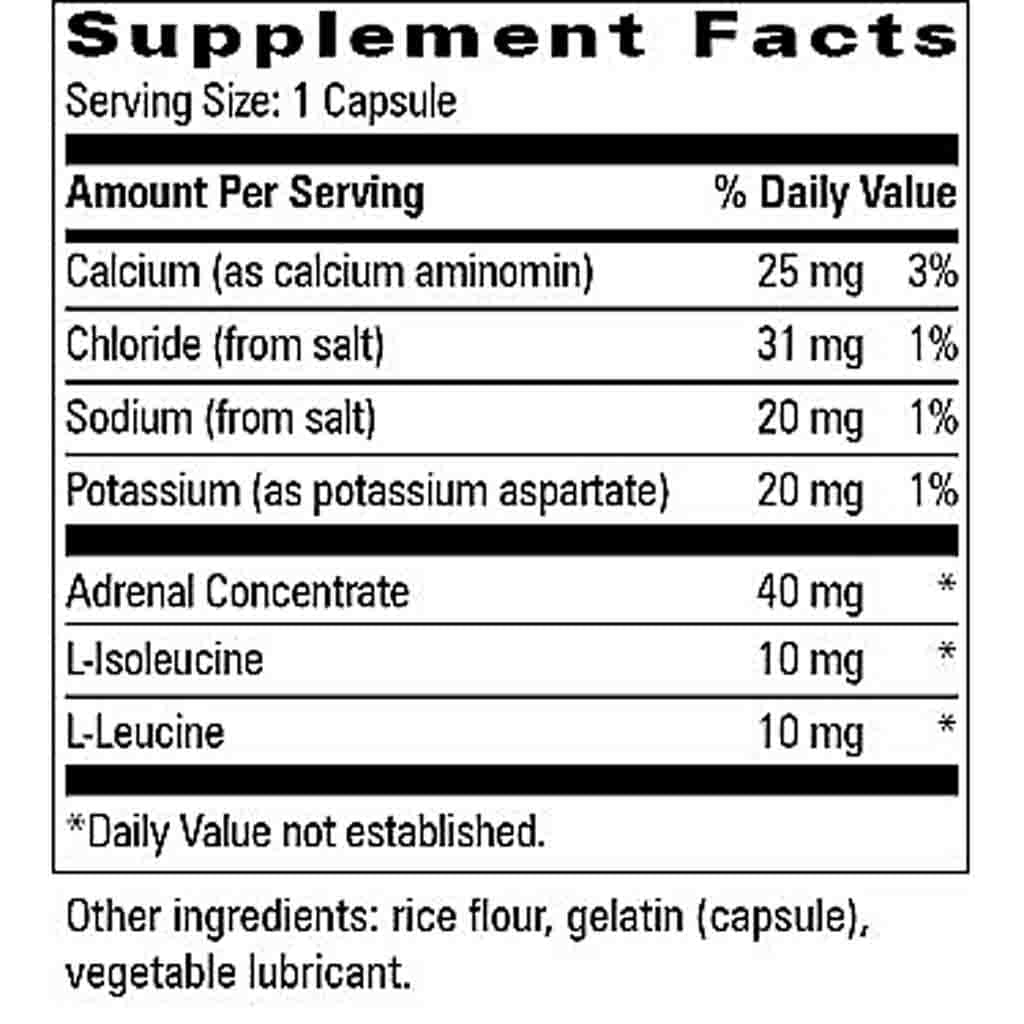 A black and white Supplement Facts label showing a nutrition table with ingredients listed, including Calcium, Chloride, Sodium, Potassium, Adrenal Concentrate, L-Isoleucine, and L-Leucine, plus other ingredients at the bottom.