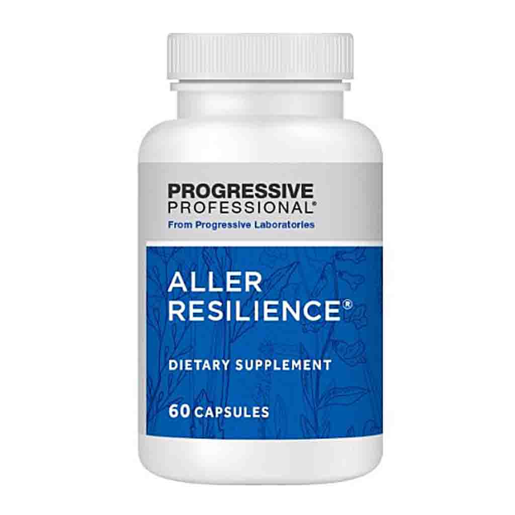 A white plastic bottle of Progressive Professional Aller Resilience dietary supplement with a blue and white label, containing 60 capsules.