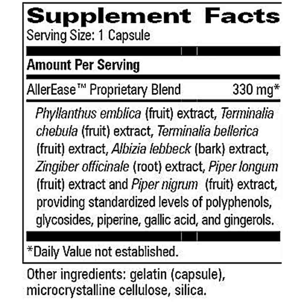 A close-up of a supplement facts label showing the Supplement Facts panel for AllerEase Proprietary Blend, 330 mg, with listed ingredients and other ingredients including gelatin, microcrystalline cellulose, and silica.