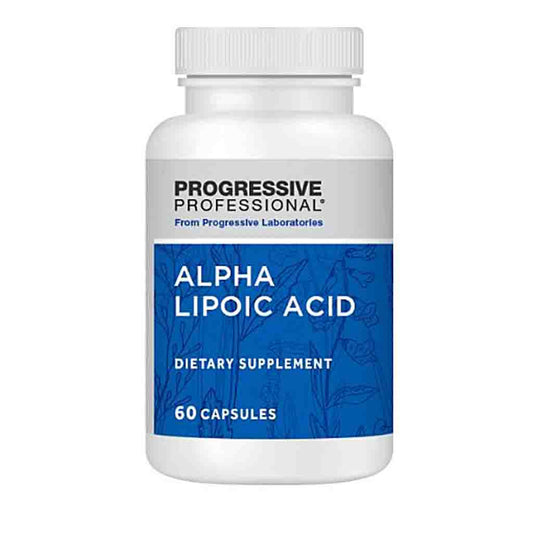 A white plastic bottle of Progressive Professional Alpha Lipoic Acid dietary supplement with a blue and white label, containing 60 capsules.