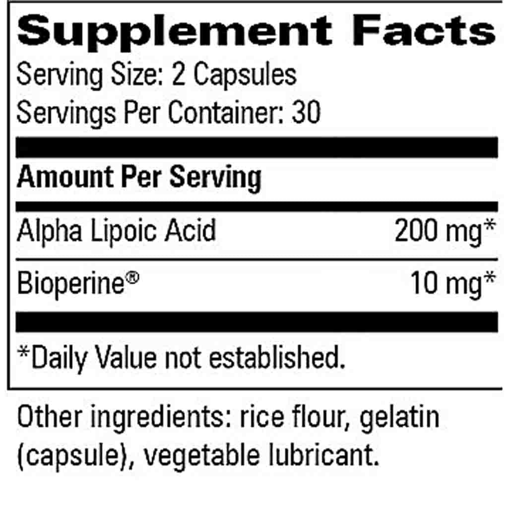 A close-up of a supplement facts label showing serving size 2 capsules, 30 servings per container, Alpha Lipoic Acid 200 mg, Bioperine 10 mg, and other ingredients listed below.