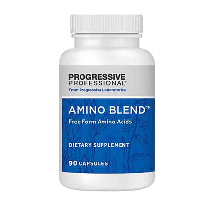 A white bottle of Progressive Professional Amino Blend dietary supplement with a blue and white label, containing 90 capsules.