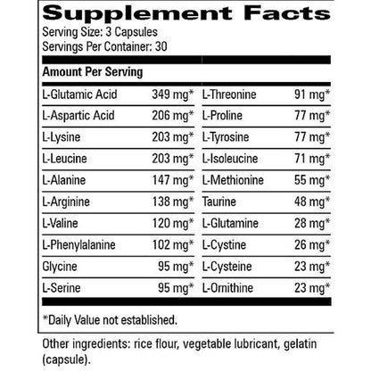 A black and white Supplement Facts label showing amino acid ingredients for a dietary supplement, including L-Glutamic Acid, L-Leucine, and L-Proline, with serving size information and a note about rice flour and gelatin capsules.