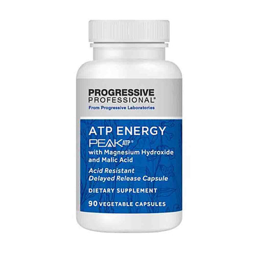A white bottle of Progressive Professional ATP Energy Peak ATP dietary supplement with a blue and white label, containing 90 vegetable capsules.