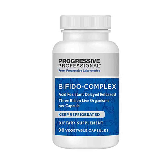 A white plastic bottle of Progressive Professional Bifido-Complex dietary supplement with a blue and white label, shown on a plain white background.