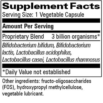 A close-up of a supplement facts label showing a proprietary blend of 3 billion organisms, including Bifidobacterium bifidum, Lactobacillus acidophilus, Lactobacillus casei, and Lactobacillus rhamnosus, with other ingredients listed below.