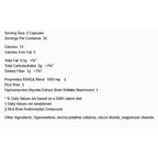 A text-only nutrition facts panel on a white background, showing serving size 2 capsules, calories, fat, carbohydrates, fiber, and ingredient details including 'Proprietary RBAD Blend 1000 mg', 'Rice Bran', and 'Hypromyceles Mycelia Extract'.