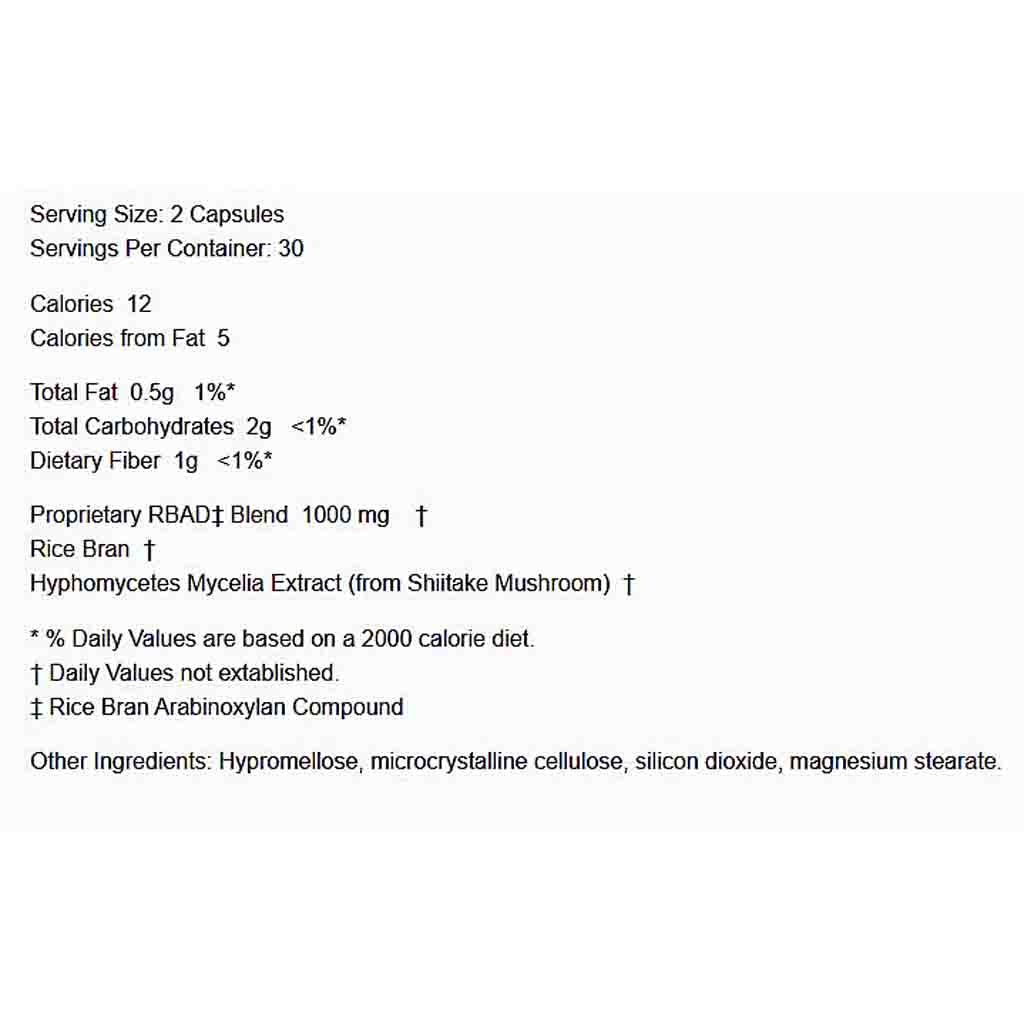 A text-only nutrition facts panel on a white background, showing serving size 2 capsules, calories, fat, carbohydrates, fiber, and ingredient details including 'Proprietary RBAD Blend 1000 mg', 'Rice Bran', and 'Hypromyceles Mycelia Extract'.