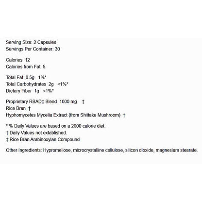 A text-only nutrition facts panel on a white background, showing serving size 2 capsules, calories, fat, carbohydrates, fiber, and ingredient details including 'Proprietary RBAD Blend 1000 mg', 'Rice Bran', and 'Hypromyceles Mycelia Extract'.