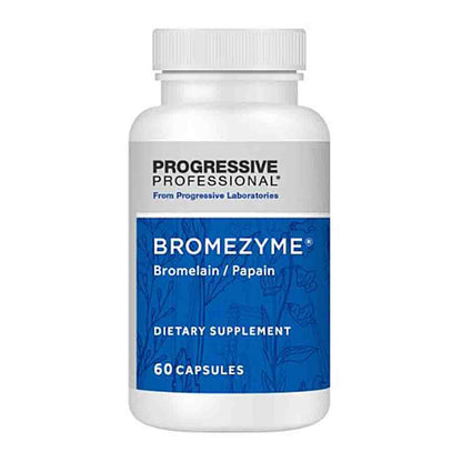 A white plastic bottle of Progressive Professional Bromezyme dietary supplement with a blue and white label, containing 60 capsules.