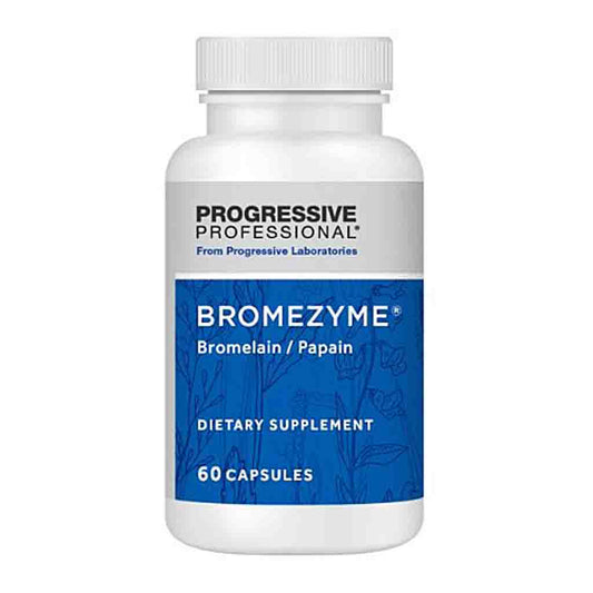 A white plastic bottle of Progressive Professional Bromezyme dietary supplement with a blue and white label, containing 60 capsules.