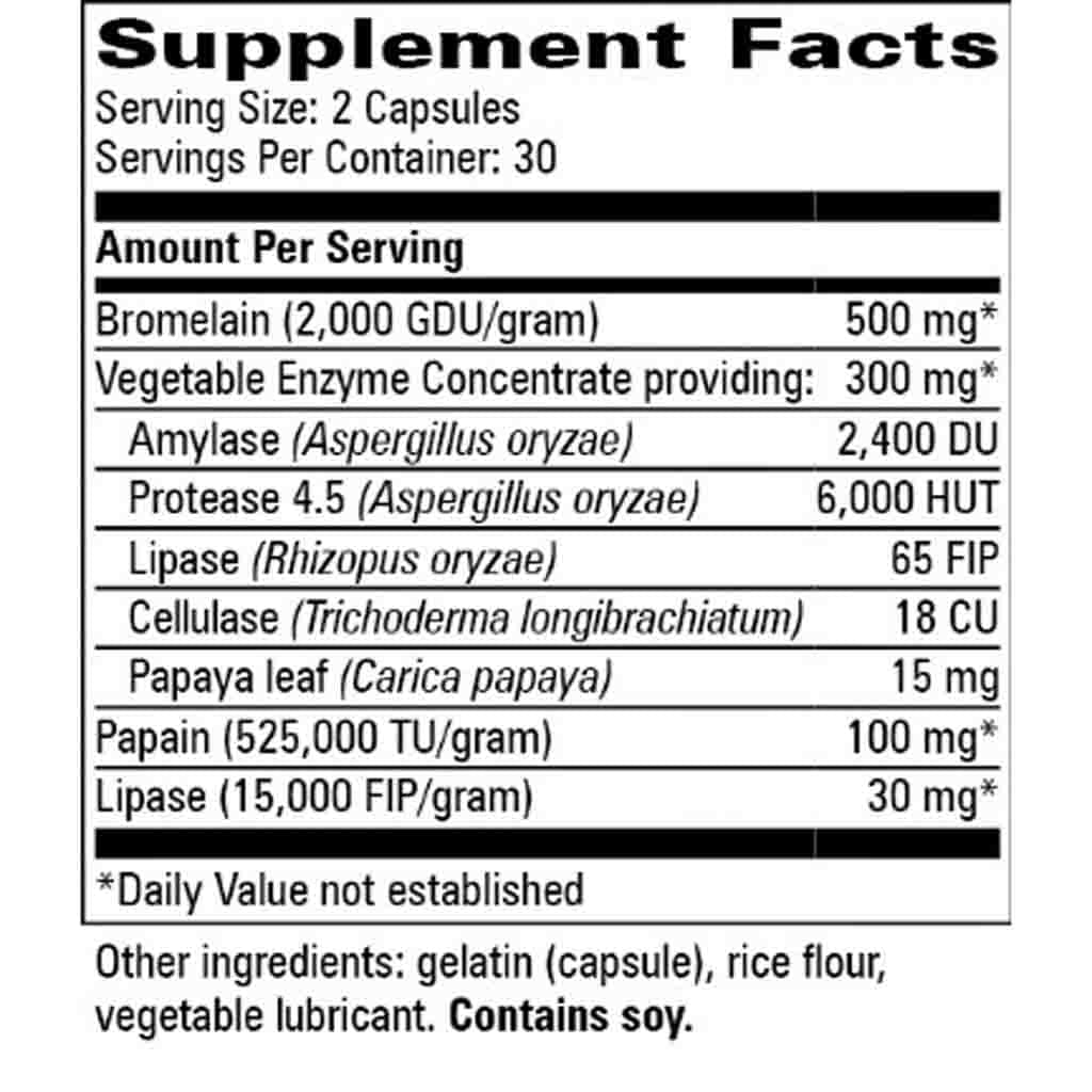 A Supplement Facts label showing a supplement product with listed ingredients and dosages, including Bromelain, Vegetable Enzyme Concentrate, Amylase, Protease, Lipase, Cellulase, Papaya leaf, and Lipase. Text at the bottom notes other ingredients such as gelatin, rice flour, vegetable lubricant, and contains soy.