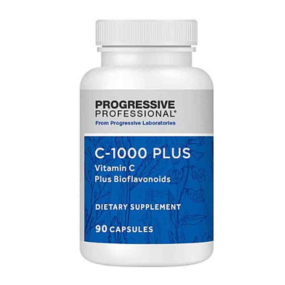 A white plastic bottle of Progressive Professional C-1000 Plus dietary supplement with a blue and white label, containing 90 capsules.