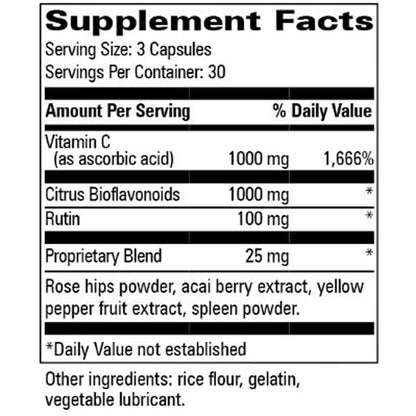 A close-up of a supplement facts label showing serving size 3 capsules, 30 servings per container, with listed nutrients including Vitamin C, Citrus Bioflavonoids, Rutin, and Proprietary Blend, plus other ingredients rice flour, gelatin, and vegetable lubricant.