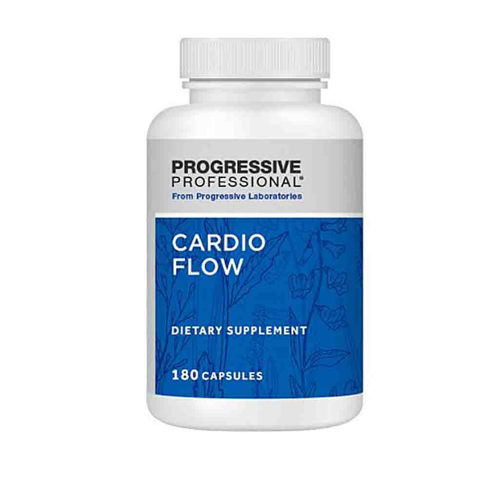 A white plastic bottle of Progressive Professional Cardio Flow dietary supplement with a blue and white label, on a plain white background.