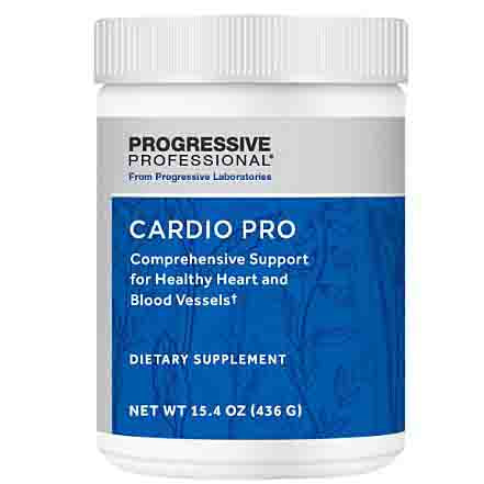 A white plastic bottle of Progressive Professional Cardio Pro dietary supplement with a blue and white label, shown on a plain white background.