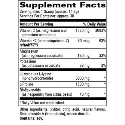 A black and white Supplement Facts label showing nutritional information for vitaMK* powder, including vitamins, magnesium, potassium, lysine, and proline, with soy allergen notice at the bottom.