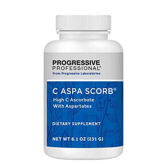 A white plastic bottle of Progressive Professional C Aspa Scorb dietary supplement with a white cap and a blue label, shown on a plain white background.